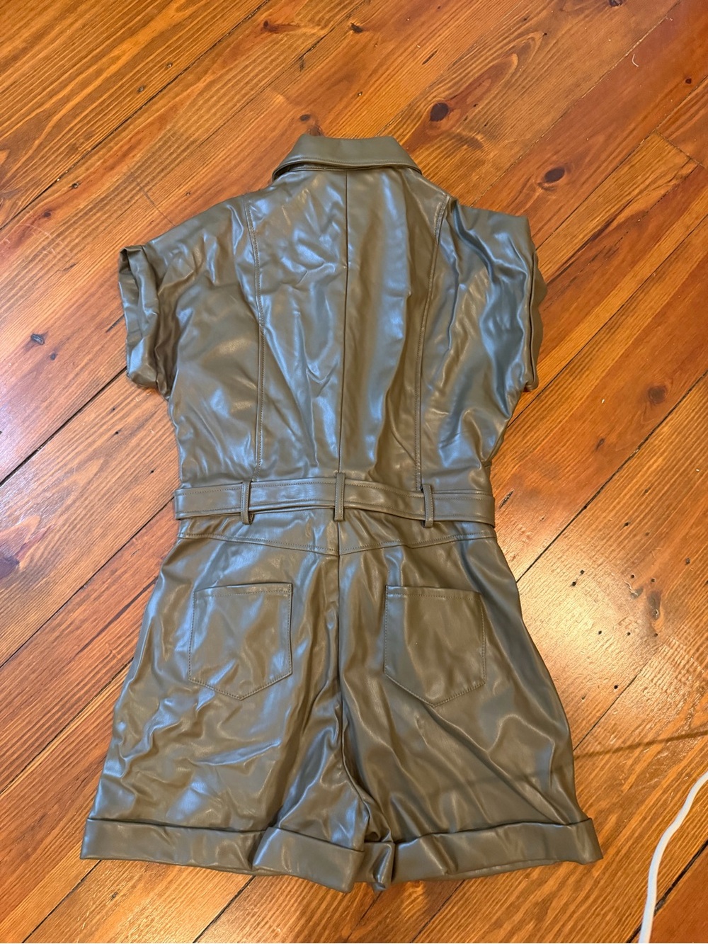 BCBGeneration Olive Green Faux Leather Short Sleeve Romper